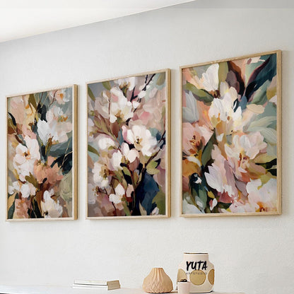 Large neutral flower artwork with expressive paint strokes