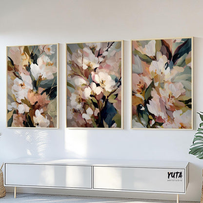 Textured floral wall art set with painterly composition