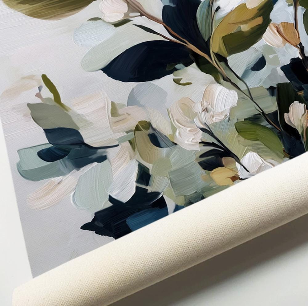 Neutral botanical gallery wall with sage green leaves and white flower artwork