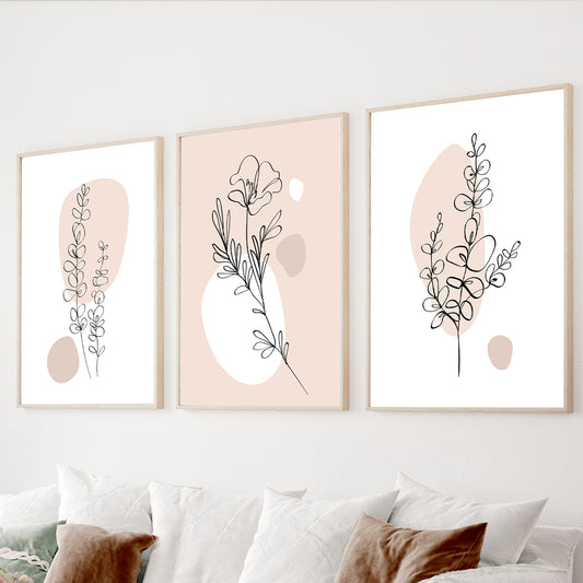 Blush botanical wall art set of 3 featuring elegant floral line drawings and soft blush abstract shapes
