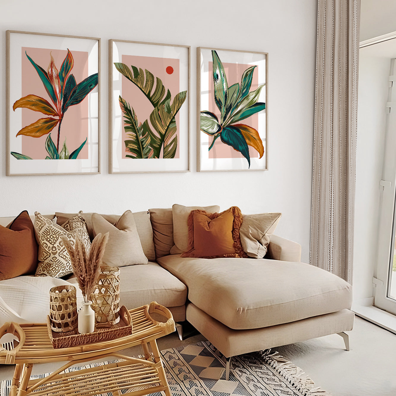 Modern botanical gallery wall featuring colorful tropical leaves and soft blush tones