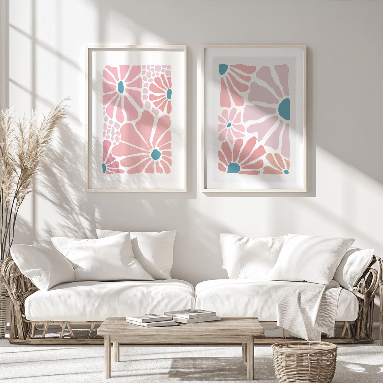 Modern floral gallery wall featuring abstract pink flowers and soft neutral colors