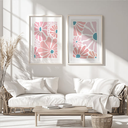 Modern floral gallery wall featuring abstract pink flowers and soft neutral colors