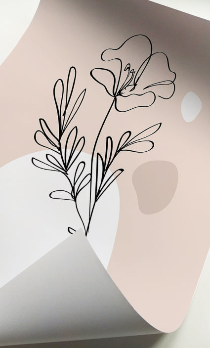 Modern botanical prints with delicate floral line art in blush pink and cream tones