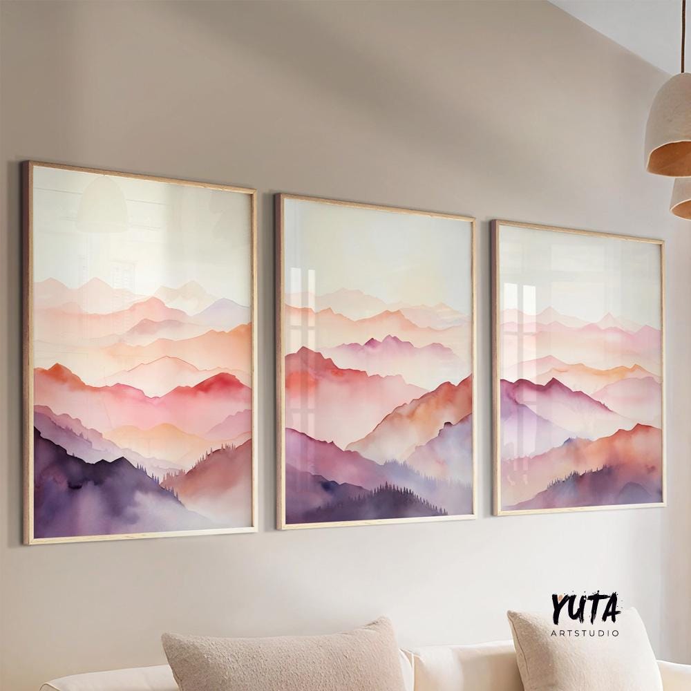 Set of 3 pink purple abstract mountain prints. Colorful mountain landscape painting, minimalist abstract wall art prints, preppy room decor
