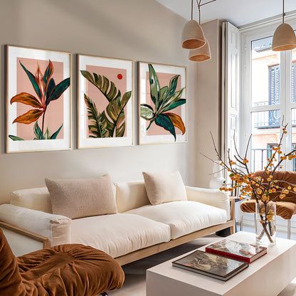 Blush pink botanical wall art with tropical palm leaves in teal, olive green, and terracotta
