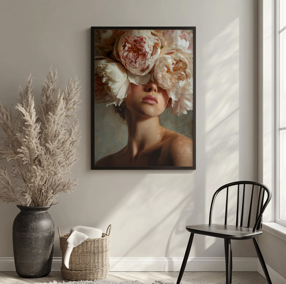 Blush peony woman portrait featuring a feminine figure surrounded by soft pink and cream blooms