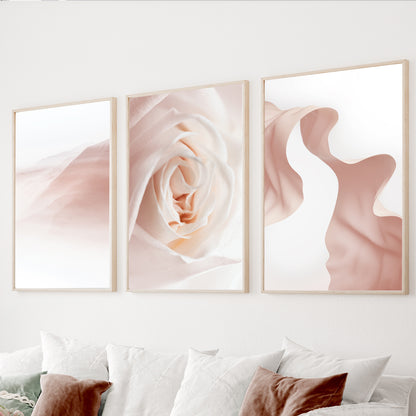 Blush pink floral wall art set of 3 featuring soft rose photography and abstract botanical forms
