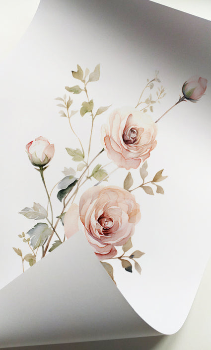 Elegant blush pink watercolor rose prints with soft botanical foliage