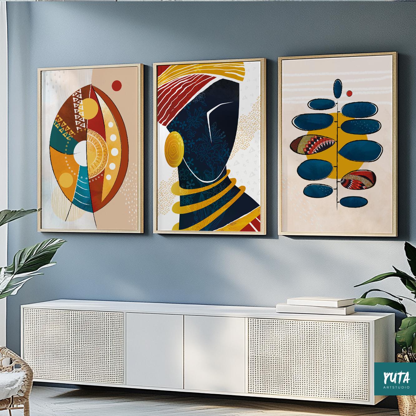 Set of 3 minimalist abstract prints – modern Black woman portraits in Afrocentric wall art style.