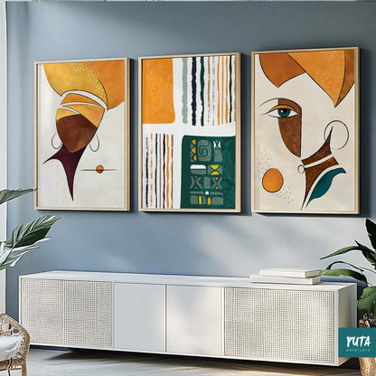 Modern minimalist African portraits – abstract wall art set featuring strong feminine energy.