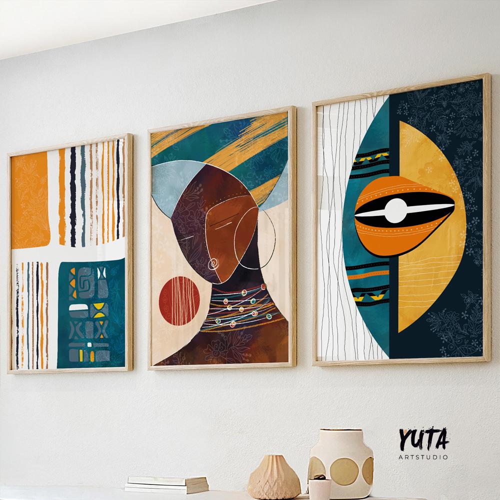 Abstract African American art set of 3 posters, featuring vibrant tribal ornaments and bright colors for a bold gallery wall statement piece.