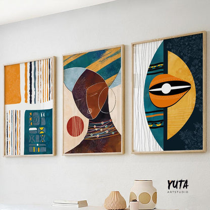 Abstract African American art set of 3 posters, featuring vibrant tribal ornaments and bright colors for a bold gallery wall statement piece.