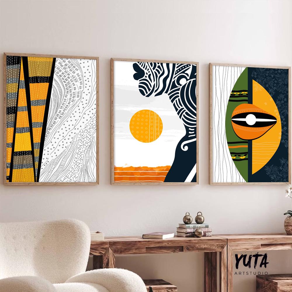 African american art set of 3 print. Abstract black woman gallery wall set. Modern colorful minimalist african wall art, housewarming gift