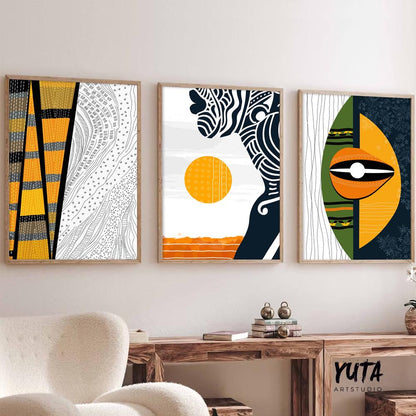 African american art set of 3 print. Abstract black woman gallery wall set. Modern colorful minimalist african wall art, housewarming gift