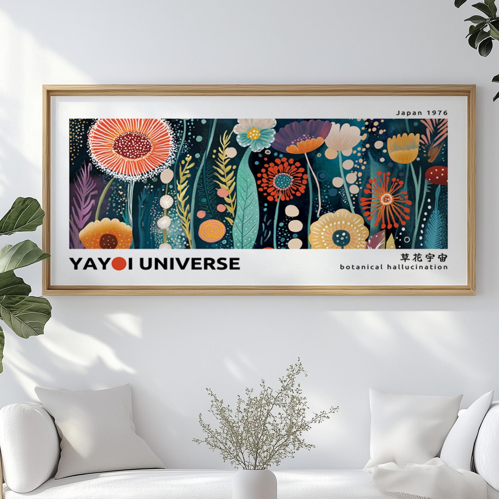 Colorful Japanese botanical artwork in a light wood frame displayed above a white sofa