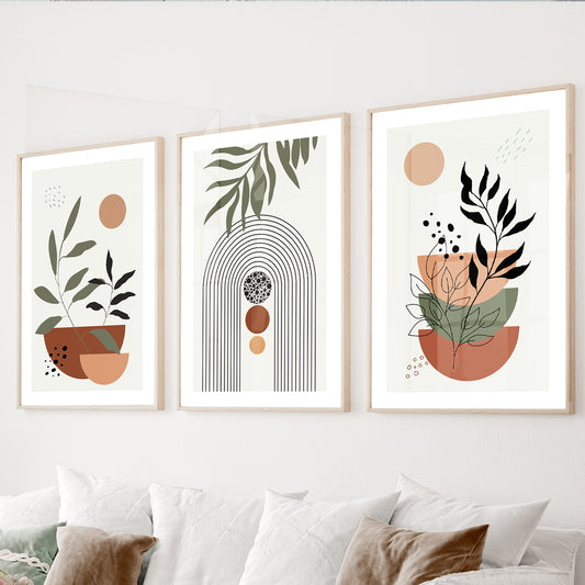 Boho botanical wall art set of 3 featuring abstract botanical illustrations with terracotta and sage green geometric shapes