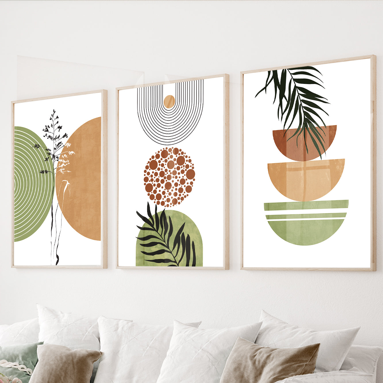 Boho botanical wall art set of 3 featuring geometric arches, palm leaves, and botanical silhouettes in sage green and terracotta
