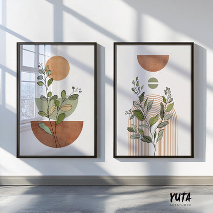 Abstract terracotta and beige botanical prints in black frames, sunlight casting shadows on the gallery wall