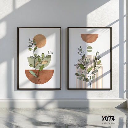 Abstract botanical art prints in terracotta tones displayed in slim black frames on a sunlit wall