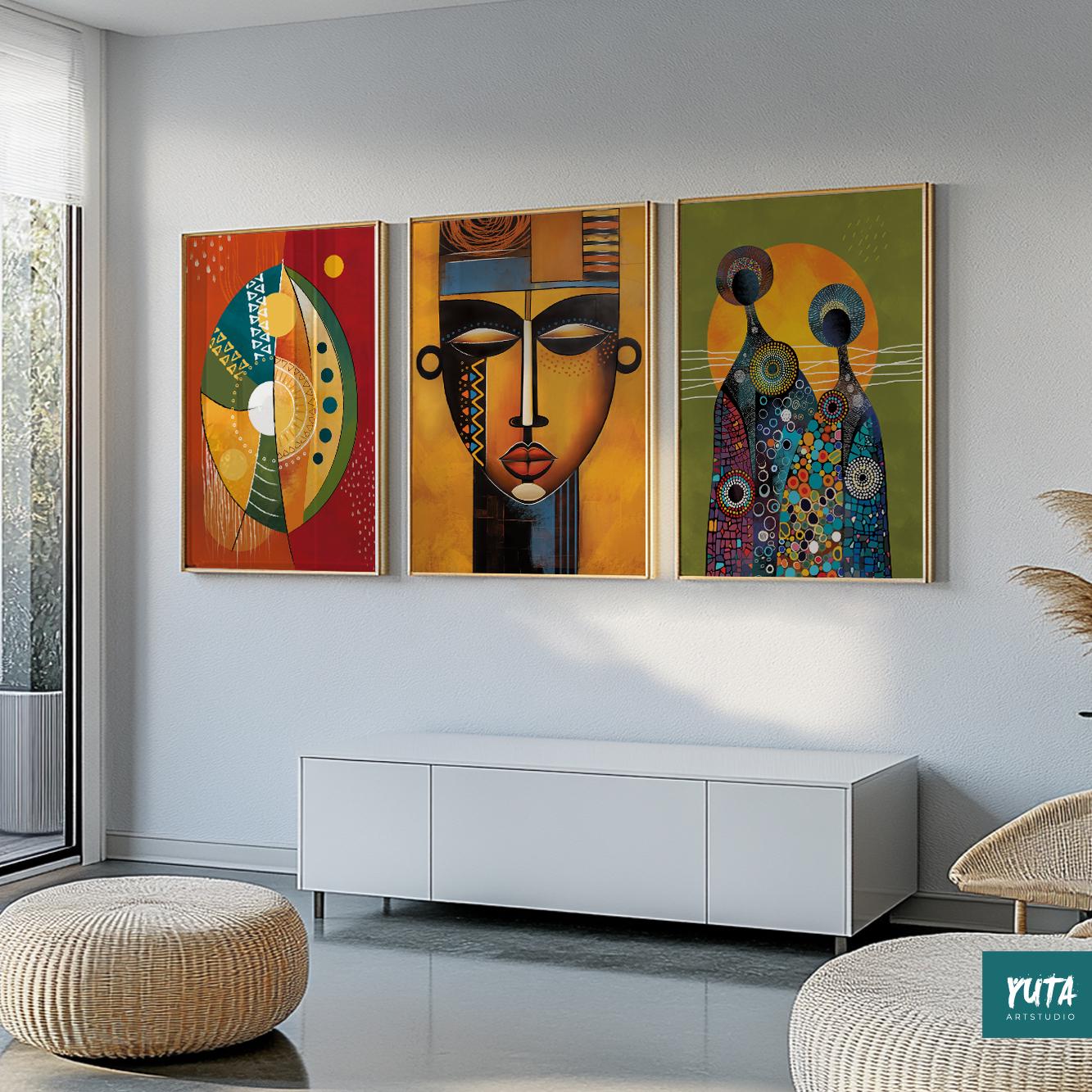 Abstract African American art – modern set of 3 prints for above bed or living room wall decor.