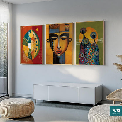 Abstract African American art – modern set of 3 prints for above bed or living room wall decor.