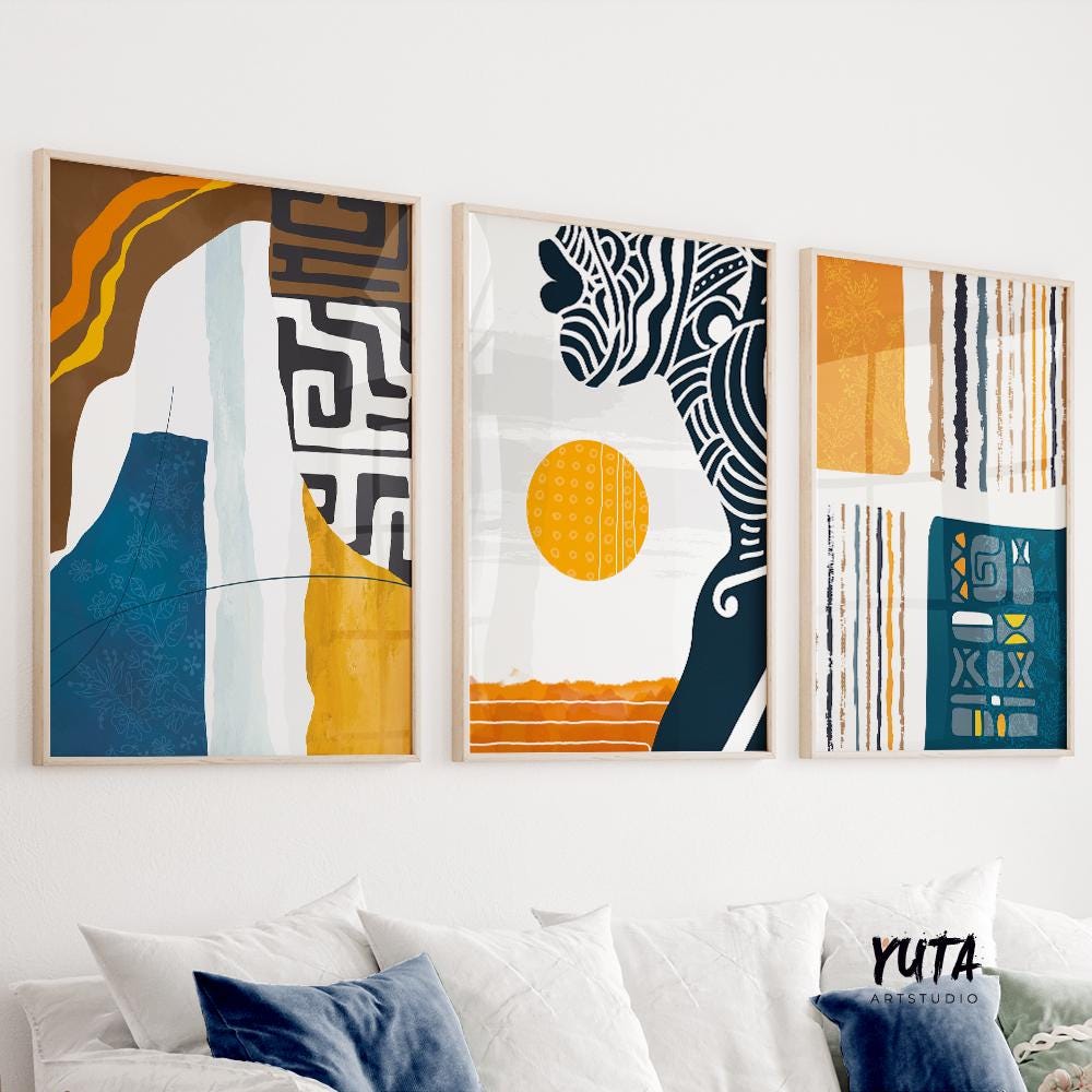 Modern ethnic wall decor set of 3 prints, colorful abstract African portraits, black woman gallery wall art.