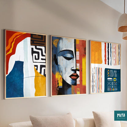 Modern African American wall art – Black woman abstract set of 3 prints for bold interiors.