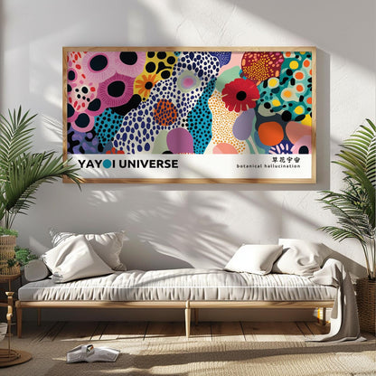 Abstract floral composition in bold hues, framed and displayed above a minimalist daybed.