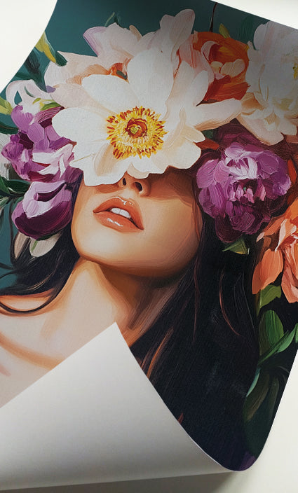 Bold floral woman portrait art featuring vibrant white, purple, orange and pink flowers framing her face