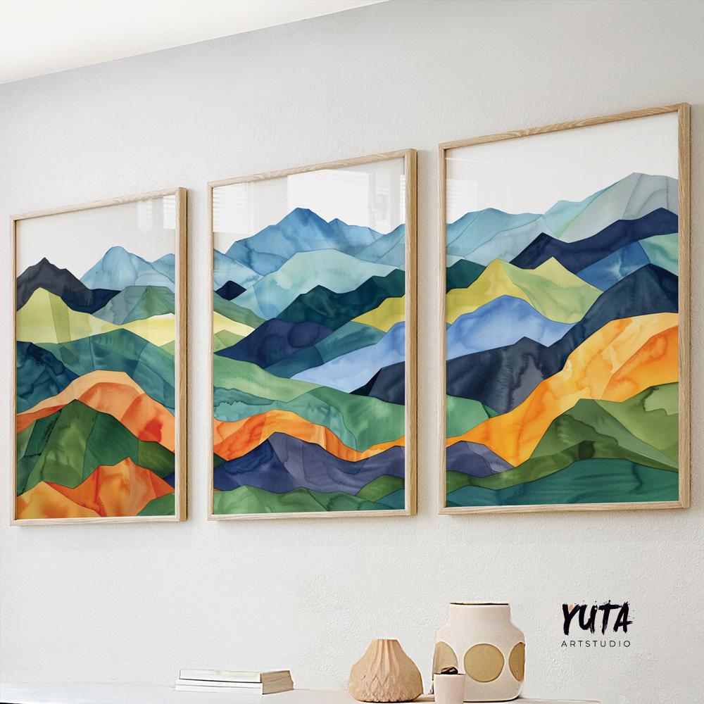 Colorful mountains wall art set of 3 prints, Mid century modern large wall art prints, abstract painting, aesthetic room decor