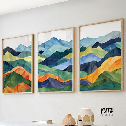 Colorful mountains wall art set of 3 prints, Mid century modern large wall art prints, abstract painting, aesthetic room decor