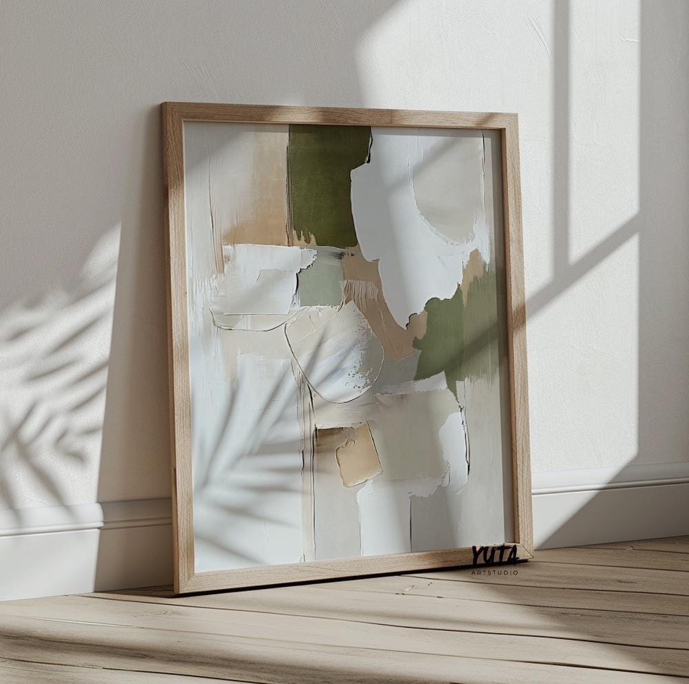 Contemporary earth tone abstract wall art set with organic green accents, textured brushstrokes and minimalist styling