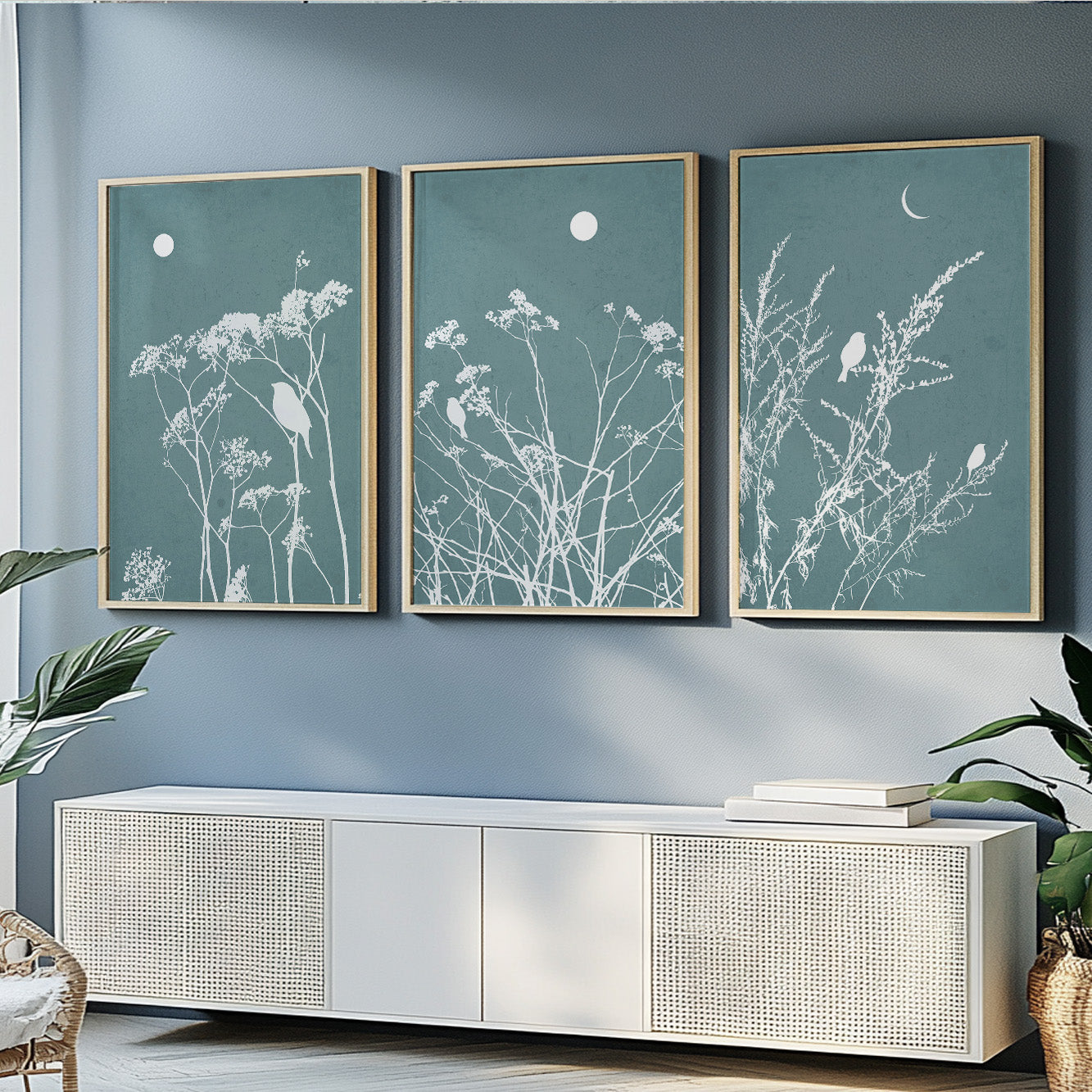 Organic Modern botanical gallery wall featuring wildflower silhouettes and minimalist bird illustrations
