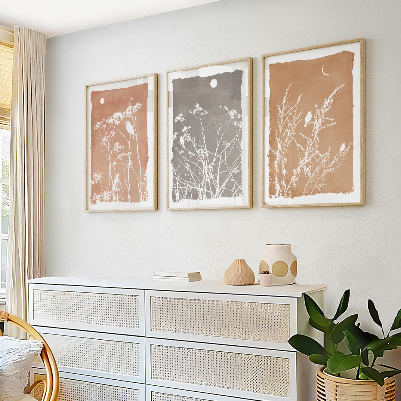 Organic Modern botanical gallery wall featuring wildflower silhouettes and minimalist bird illustrations