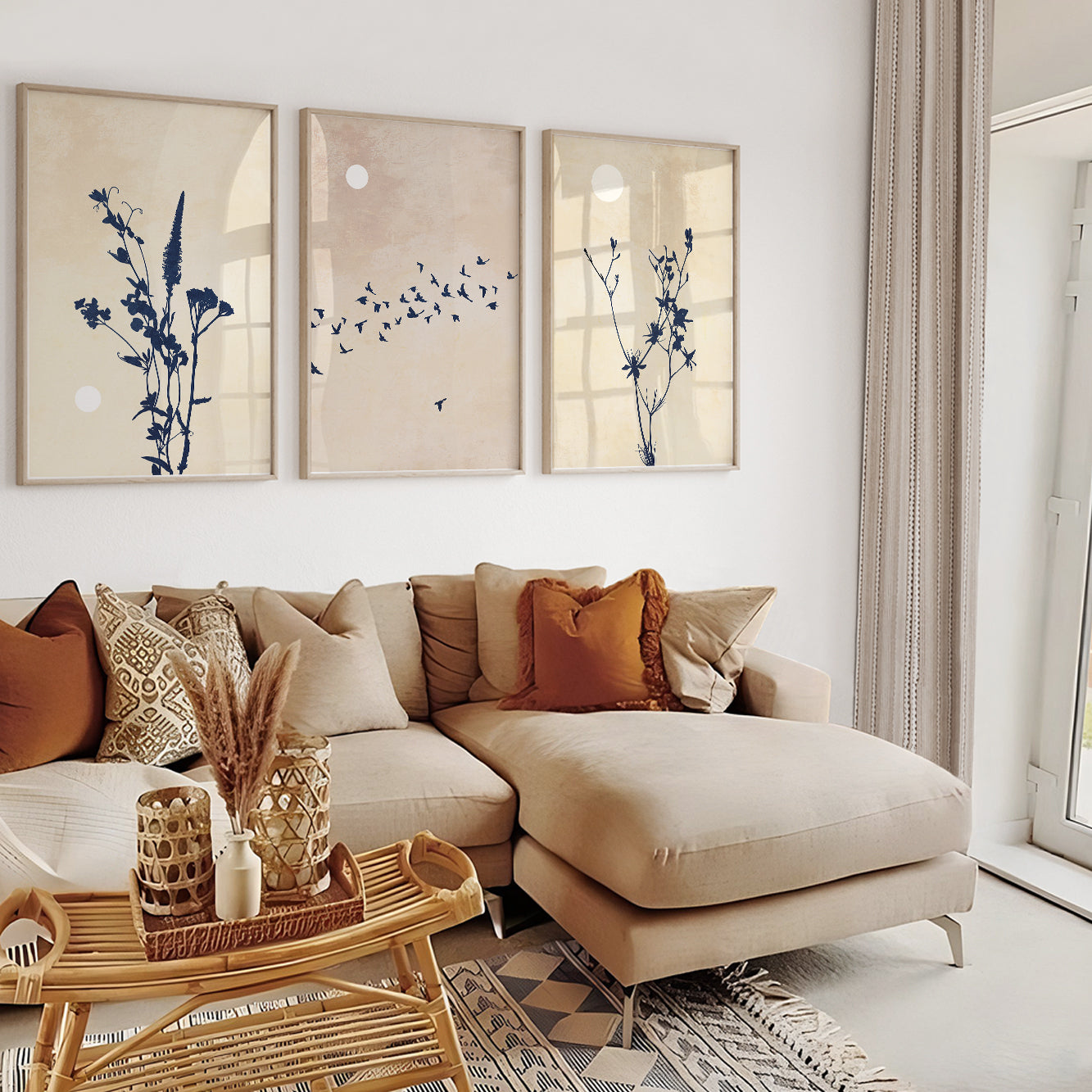 Contemporary botanical wall art with meadow flowers and watercolor-inspired neutral backgrounds