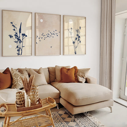 Contemporary botanical wall art with meadow flowers and watercolor-inspired neutral backgrounds