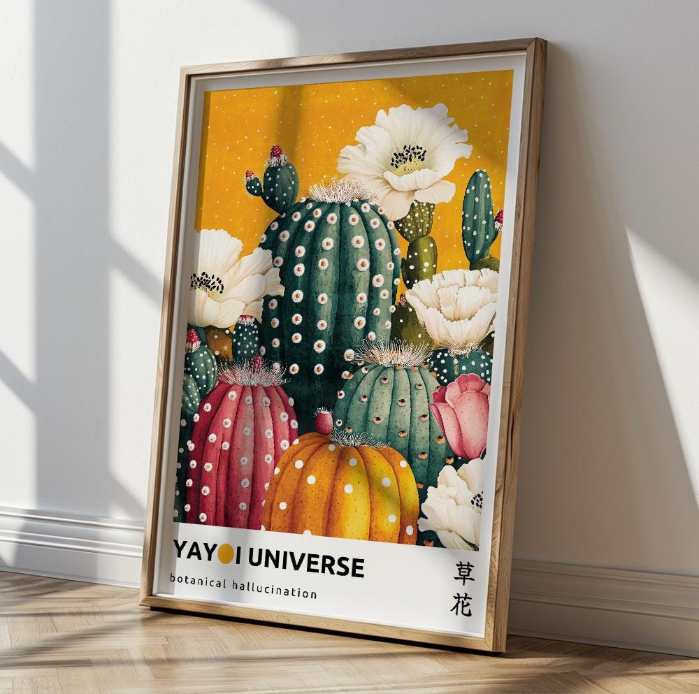 Cactus flower wall print – colorful Japandi decor with abstract dots and Yayoi Kusama influence.