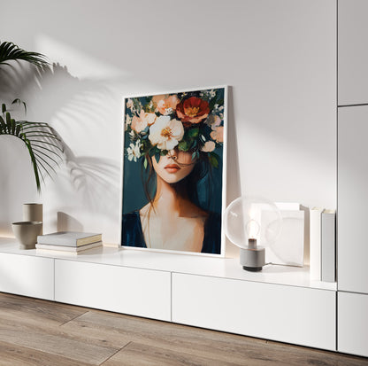 Botanical female portrait art featuring a woman surrounded by cream, coral and red flowers