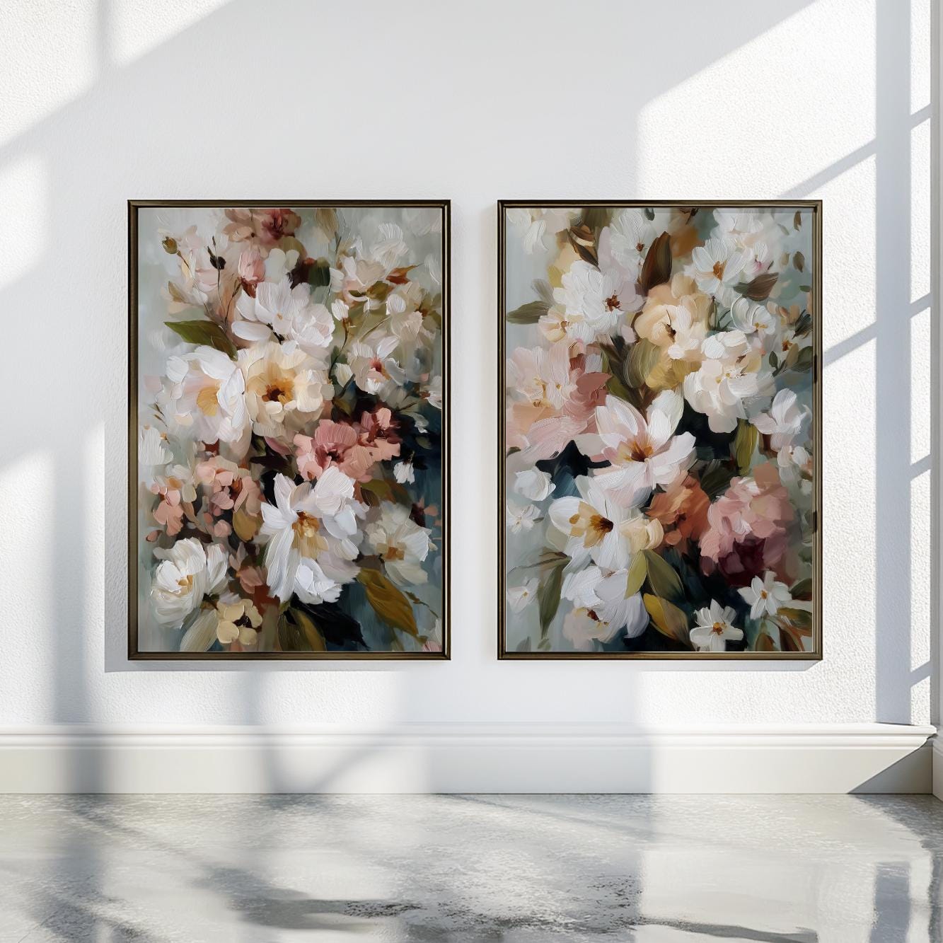 Botanical flower artwork set with expressive white blossoms in soft earthy colors
