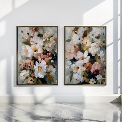 Botanical flower artwork set with expressive white blossoms in soft earthy colors