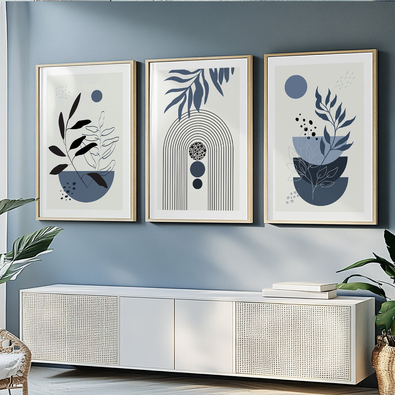 Organic Modern gallery wall featuring blue botanical artwork with geometric abstract design