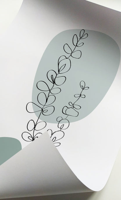 Botanical gallery wall featuring floral line drawings and organic abstract shapes