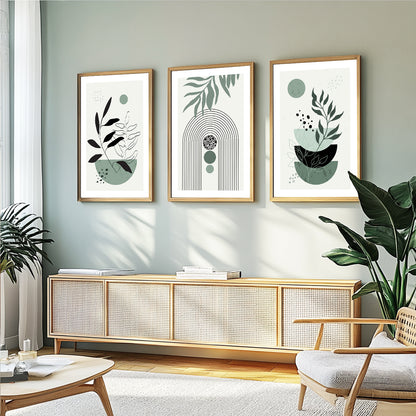 Organic Modern botanical gallery wall featuring minimalist leaves and geometric abstract design