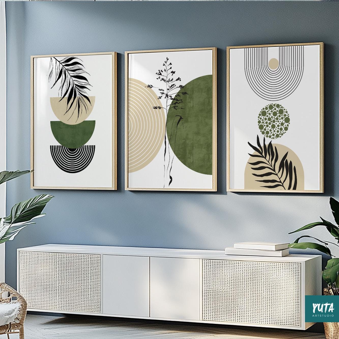 Botanical gallery wall set featuring sage green foliage, geometric patterns and modern organic decor