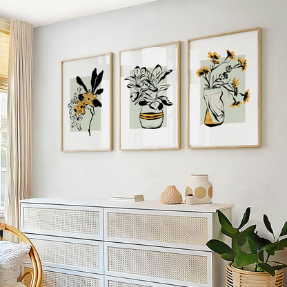 Scandinavian botanical gallery wall with flowers and ceramic vases