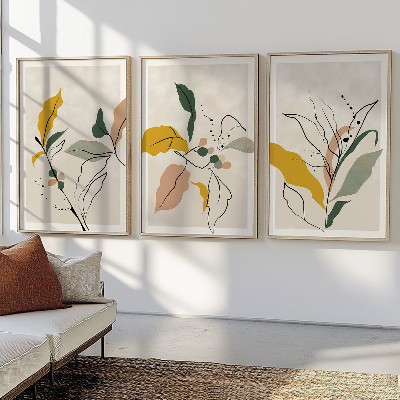 Neutral botanical print set with contemporary leaf artwork for modern interiors