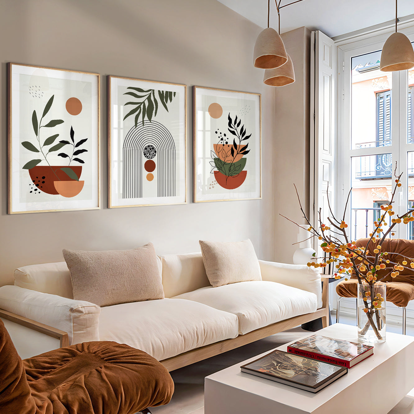 Organic Modern botanical gallery wall featuring geometric botanical artwork in terracotta, sage green, and beige