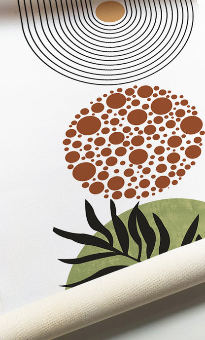 Geometric botanical gallery wall featuring abstract circles, arches, and tropical leaves