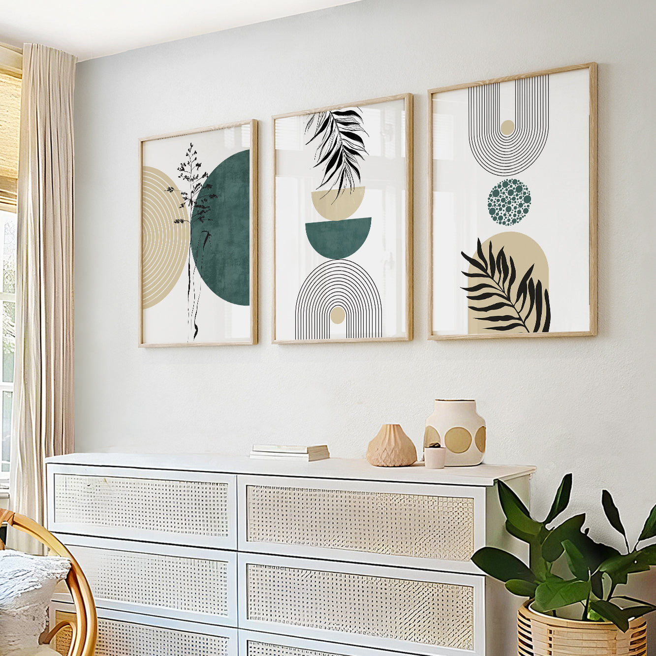 Botanical geometric wall art with sage green arches, palm leaves, and minimalist abstract design